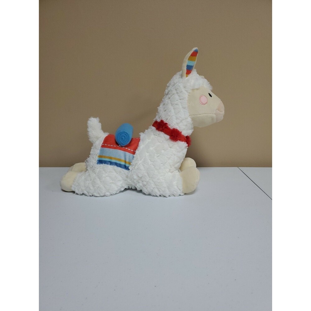 FAO Schwarz Llama Alpaca Plush Furry White Laying W Rainbow Blanket